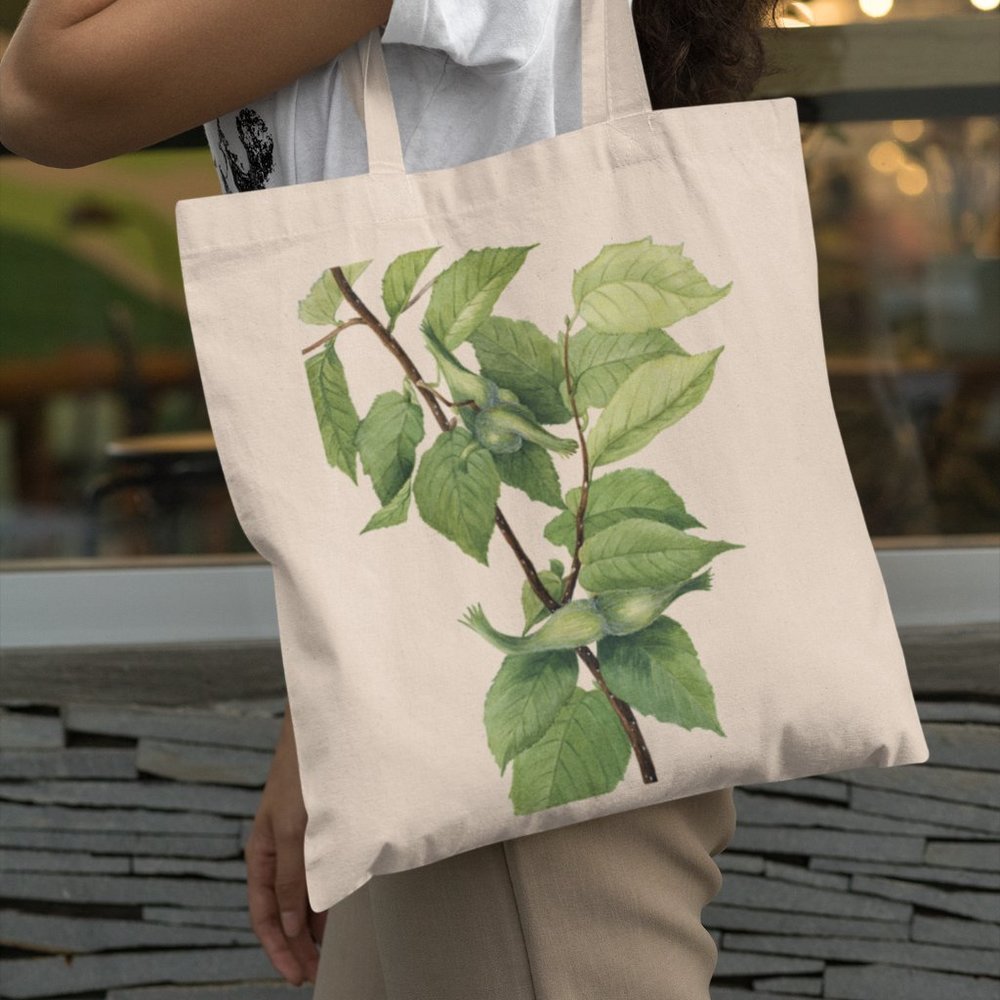 Beaked Hazelnut Vintage Watercolor Botanical Print Graphic Canvas Tote Bag